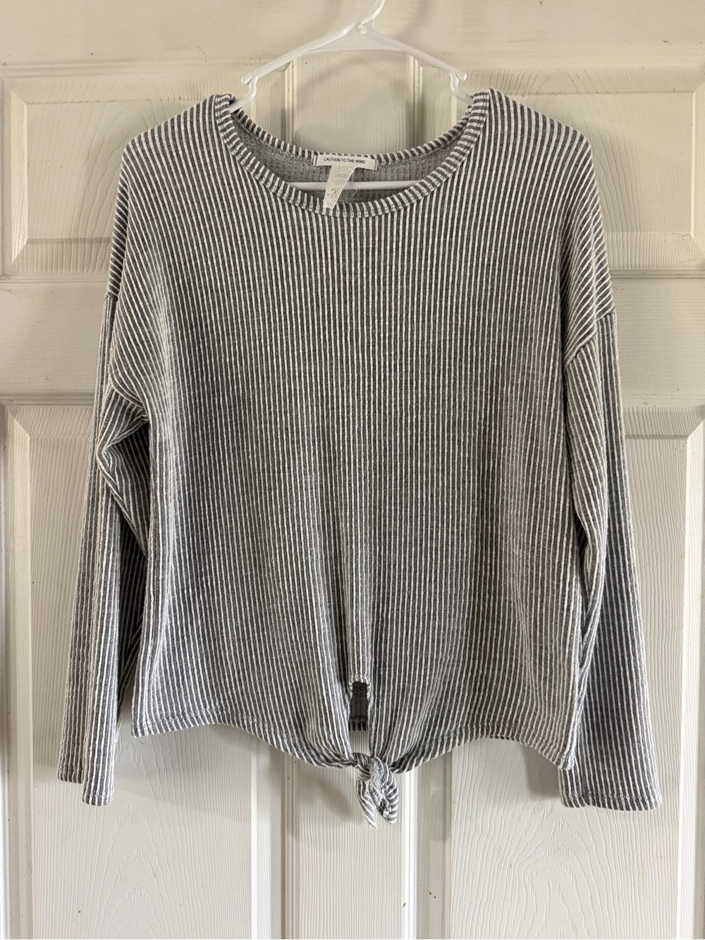 Caution To The Wind Gray Striped Tie-Front Long Sleeve Top